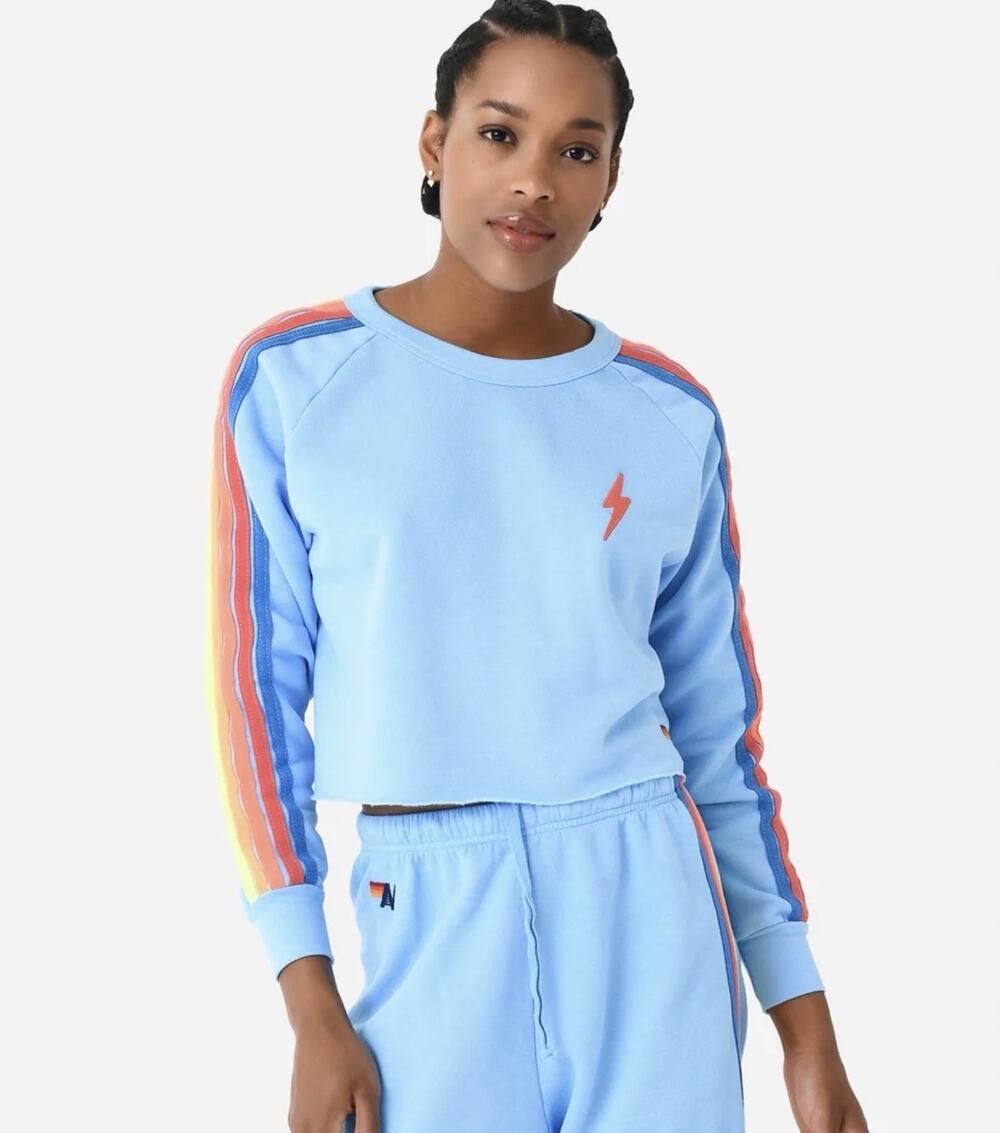 $166 Aviator Nation Bolt Classic Cropped Crewneck Sweatshirt Blue Sz L